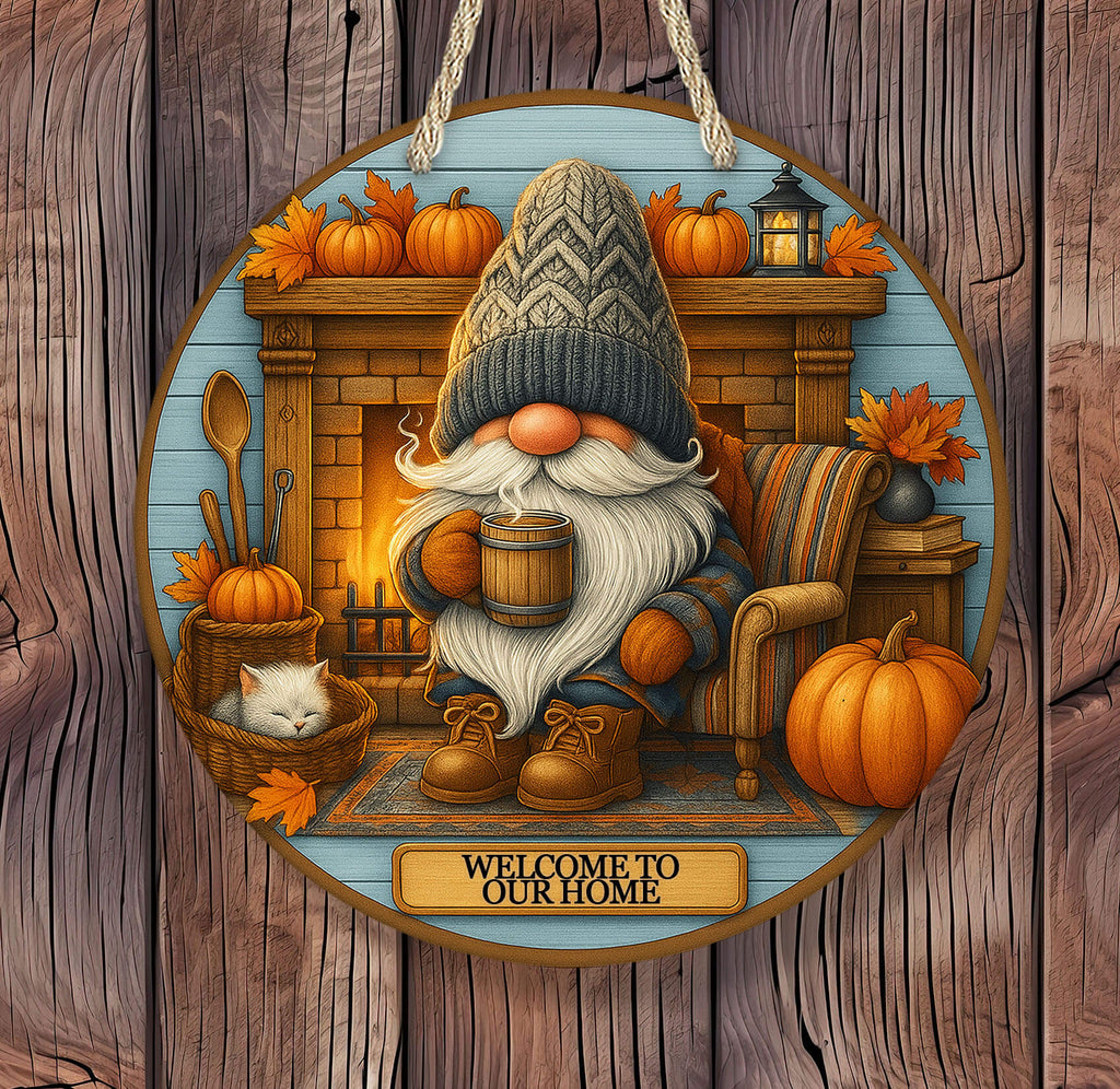 Round fall sign with gnome holding coffee in front of fireplace, pumpkins and cat beside chair, text reads Welcome to Our Home