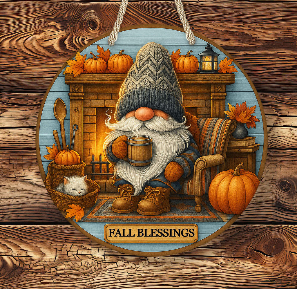 Round fall sign with gnome holding coffee in front of fireplace, pumpkins and cat beside chair, text reads Welcome to Our Home

