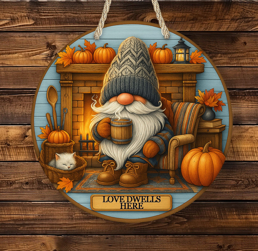 Decorative sign with a gnome, pumpkins, and a cat on a wooden background