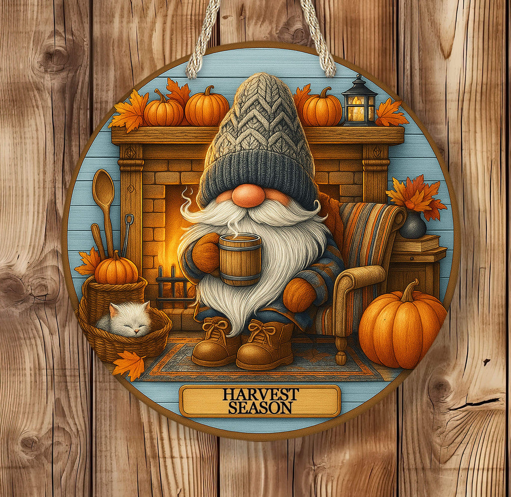 Decorative sign with a gnome, pumpkins, and a cat in a cozy room setting on a wooden background.