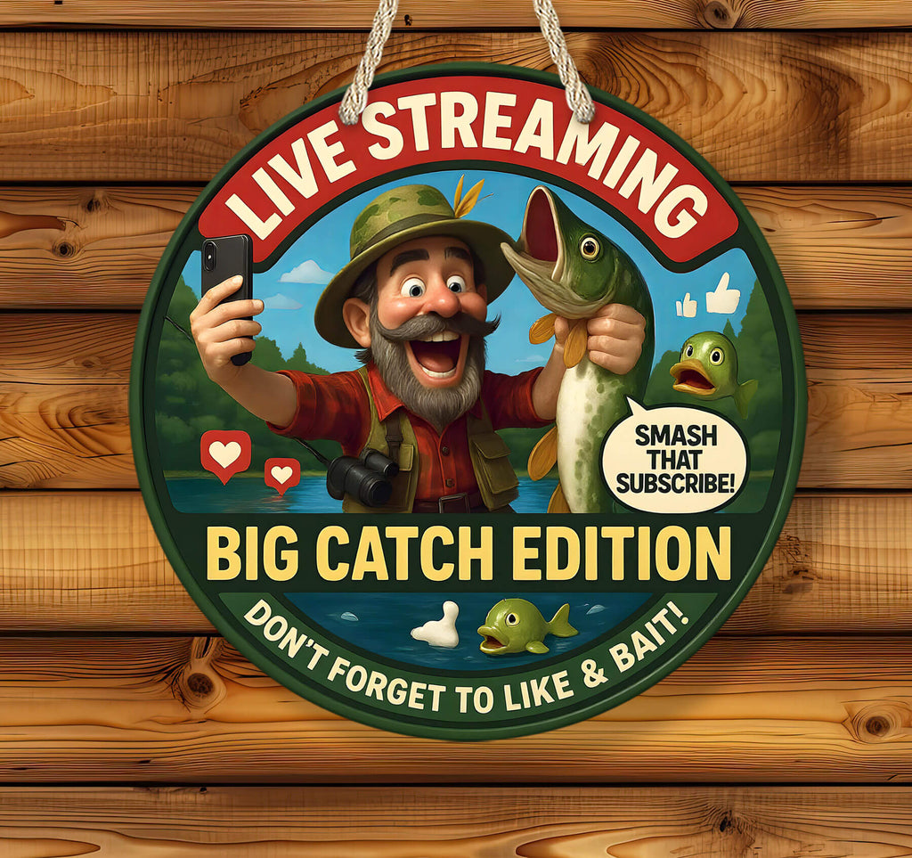 Circular sign with a cartoon fisherman holding a fish and a smartphone, on a wooden background.
