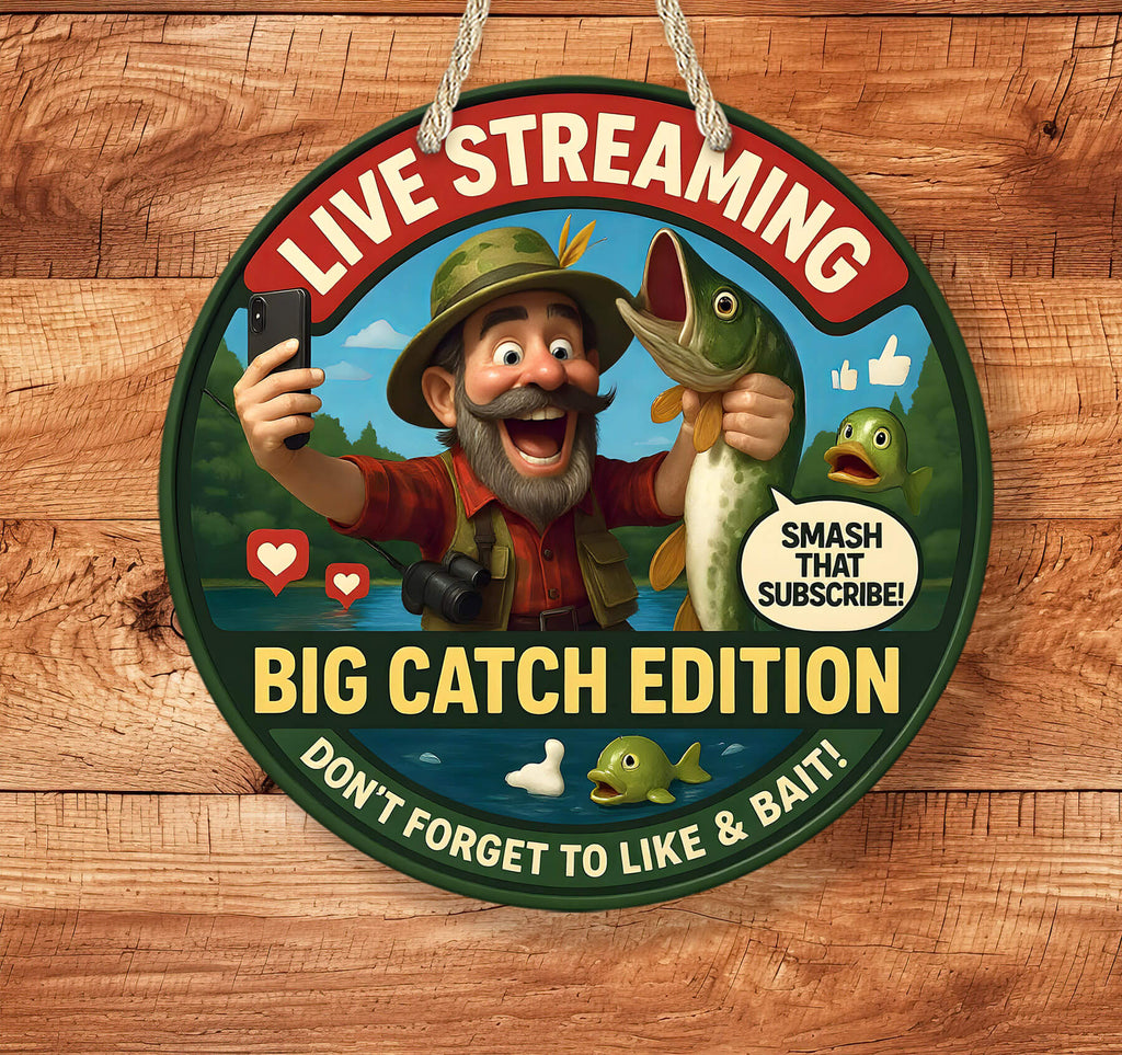 Circular sign with cartoon fisherman and fishing-themed text on a wooden background