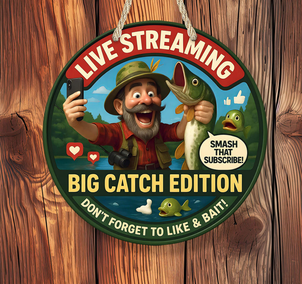 Circular sign with a cartoon fisherman holding a fish and a smartphone, on a wooden background.