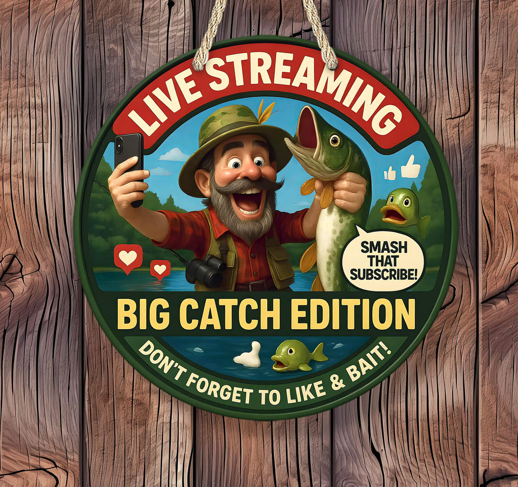 Circular sign with a cartoon fisherman holding a fish and a smartphone, on a wooden background.