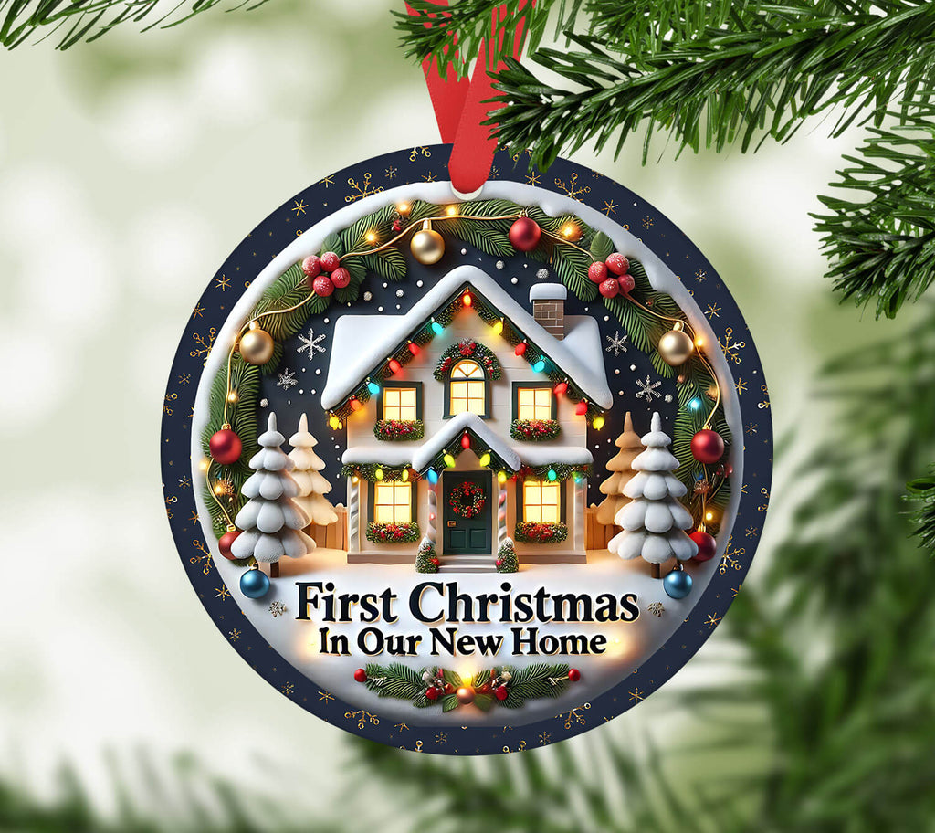 Decorative Christmas ornament with a house and 'First Christmas in Our New Home' text, hanging on a tree.
