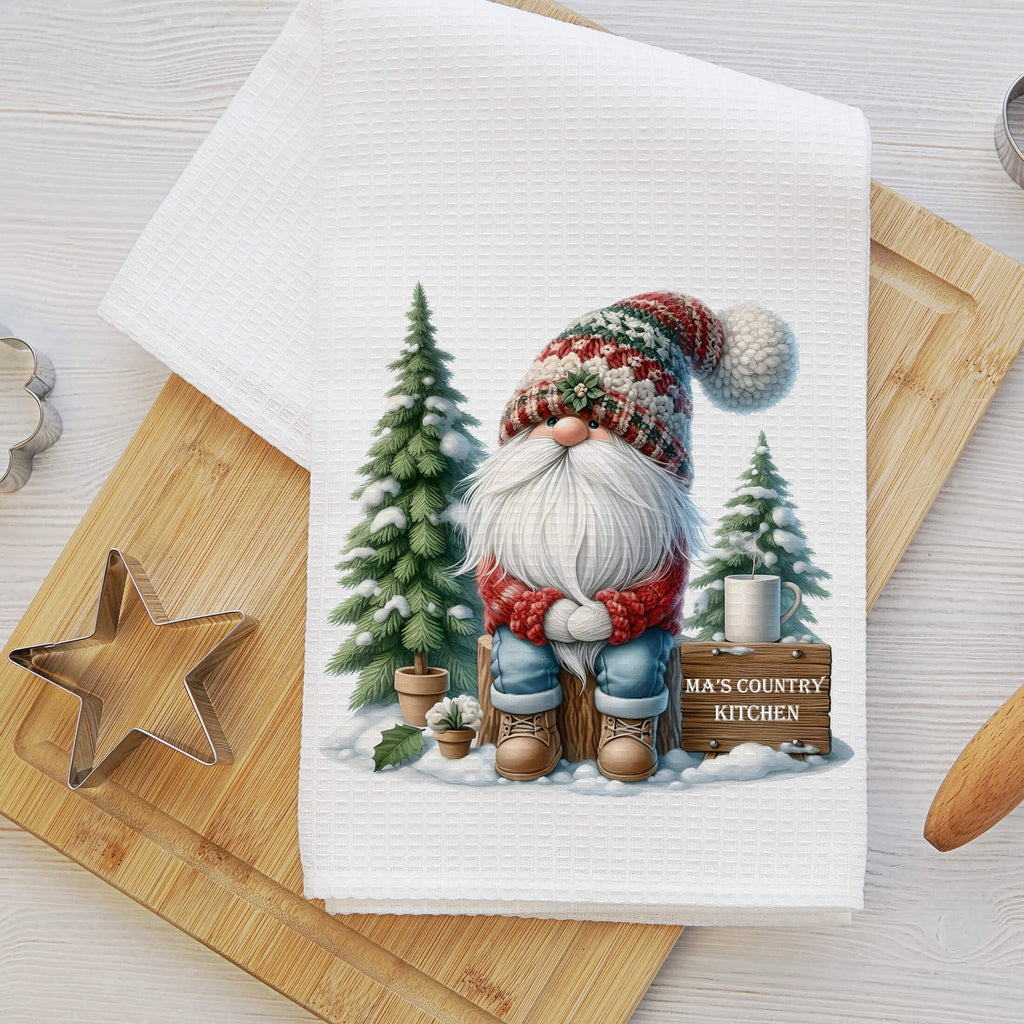 Personalized Christmas Gnome Holiday Kitchen Towel - Rustic Gnome Holiday Dish Towel