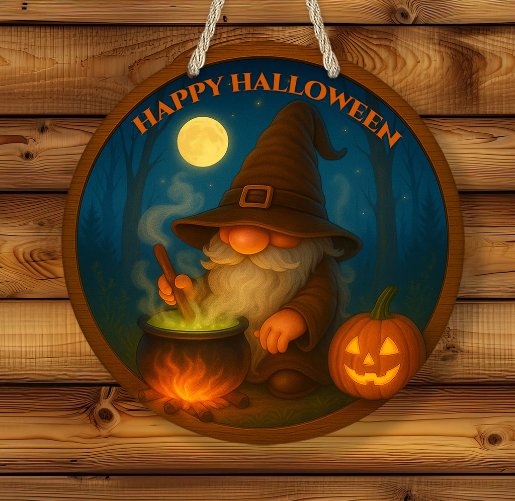 Halloween-themed sign with a gnome, pumpkin, and 'Happy Halloween' text on a wooden background.
