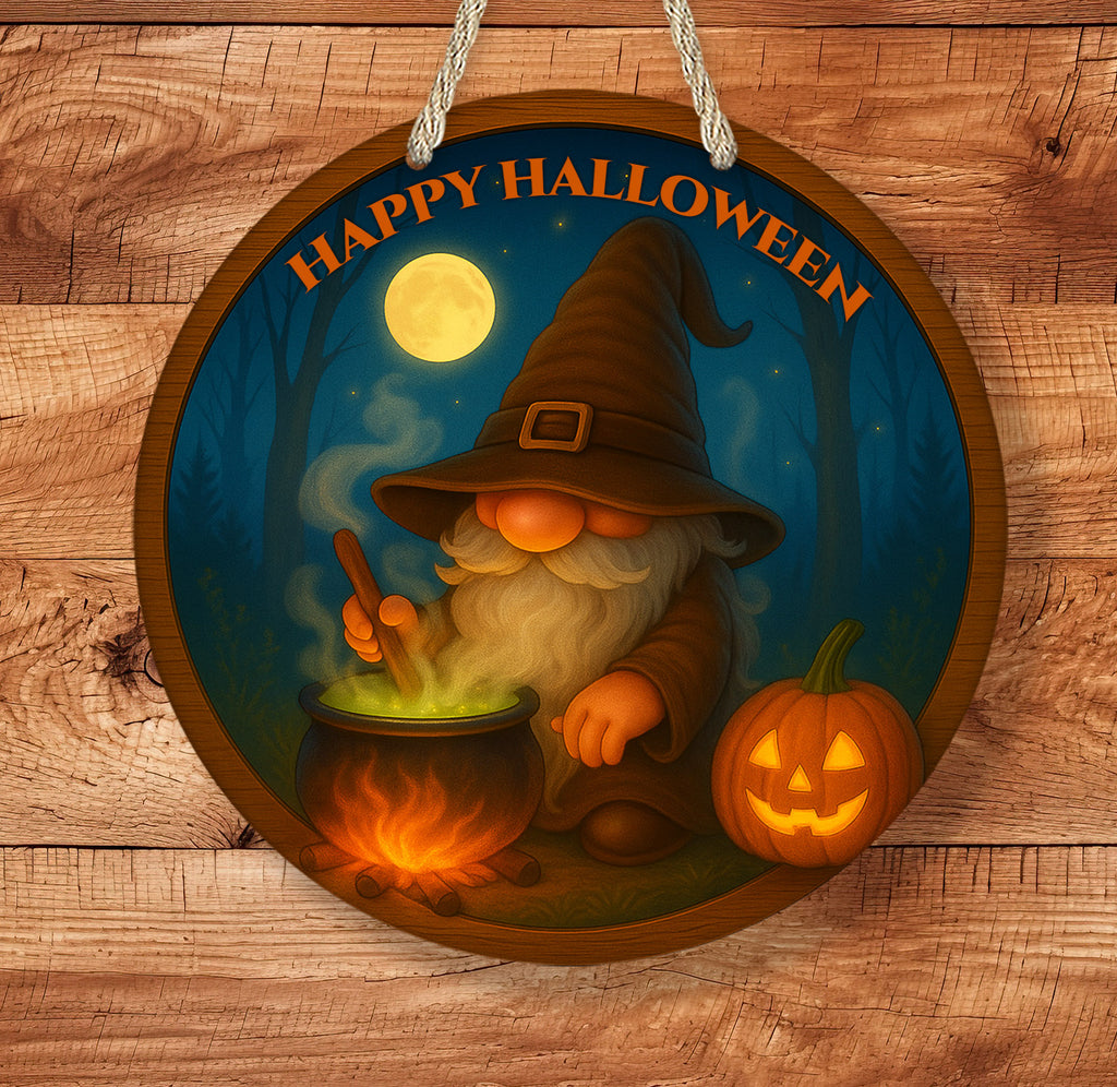 Halloween-themed sign with a gnome, pumpkin, and cauldron on a wooden background