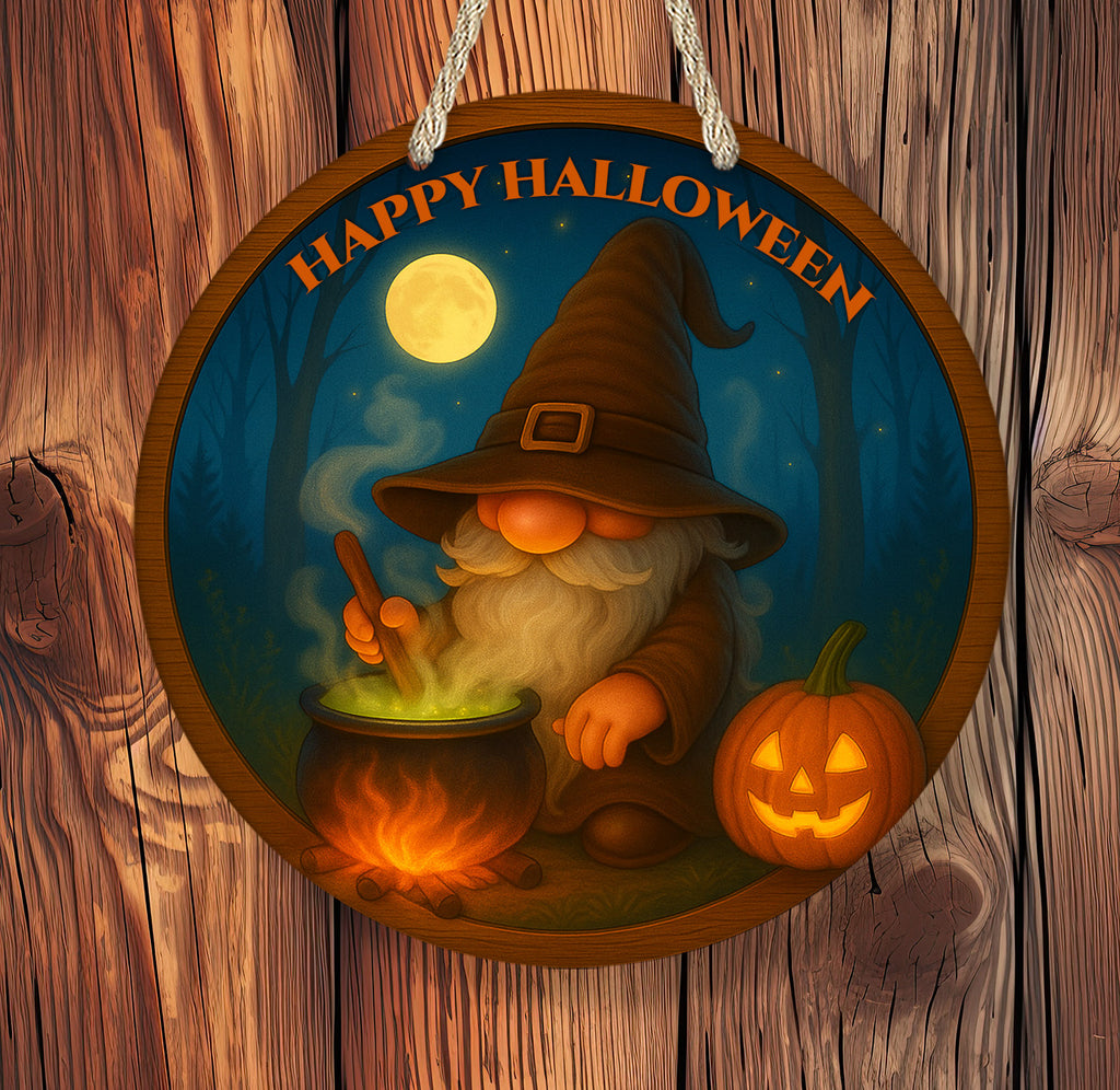 Halloween-themed sign with a gnome, pumpkin, and 'Happy Halloween' text on a wooden background.