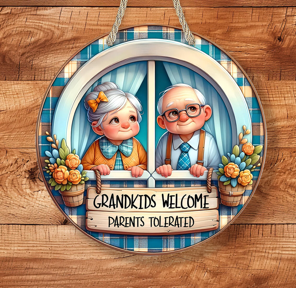 Illustration of grandparents at a window with a sign 'Grandkids Welcome, Parents Tolerated' on a wooden background.