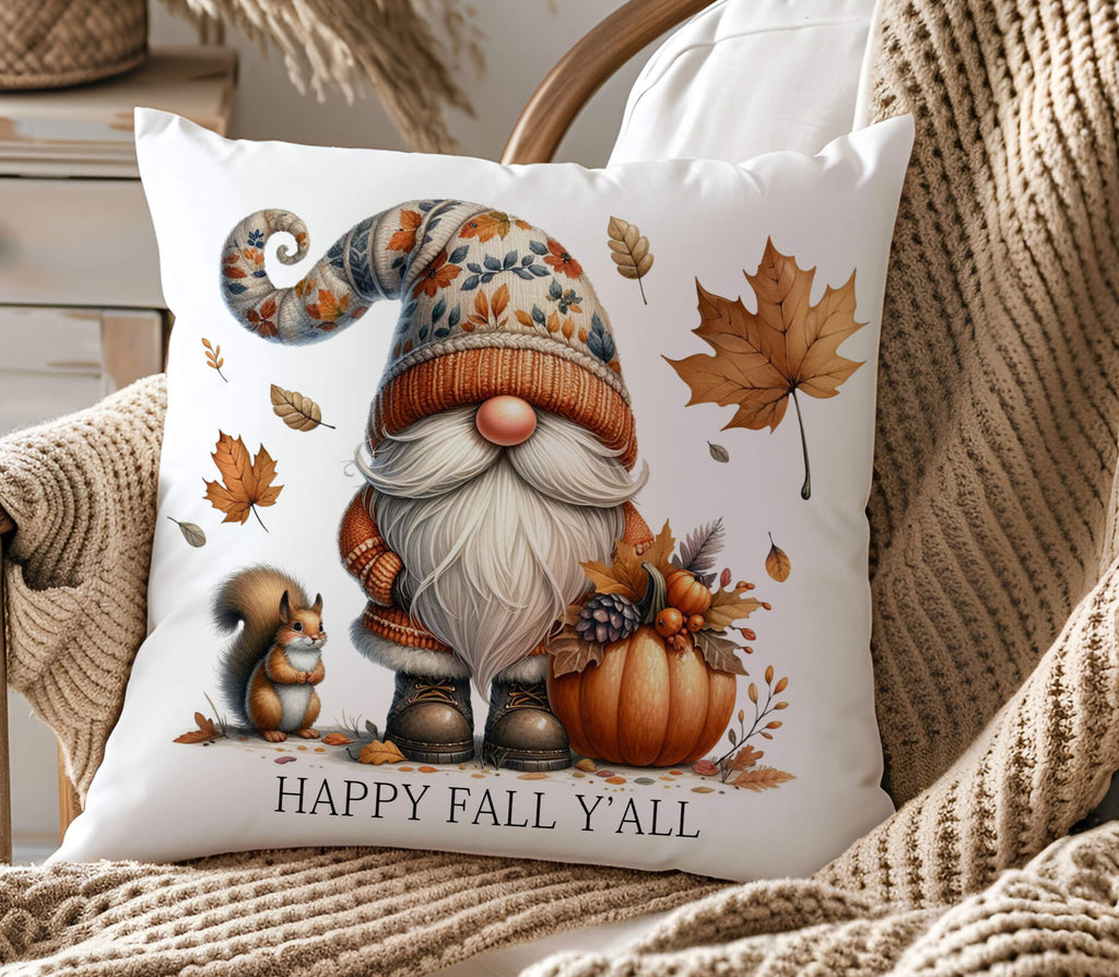 Personalized Fall Gnome Pillow – Autumn Throw Pillow with Pumpkin & Squirrel – Rustic Farmhouse Decor – Happy Fall Y'all Cushion Gift - Personalized Kreation
