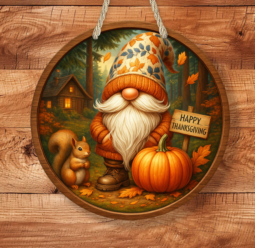 Decorative sign with a gnome, pumpkin, and squirrel on a wooden background