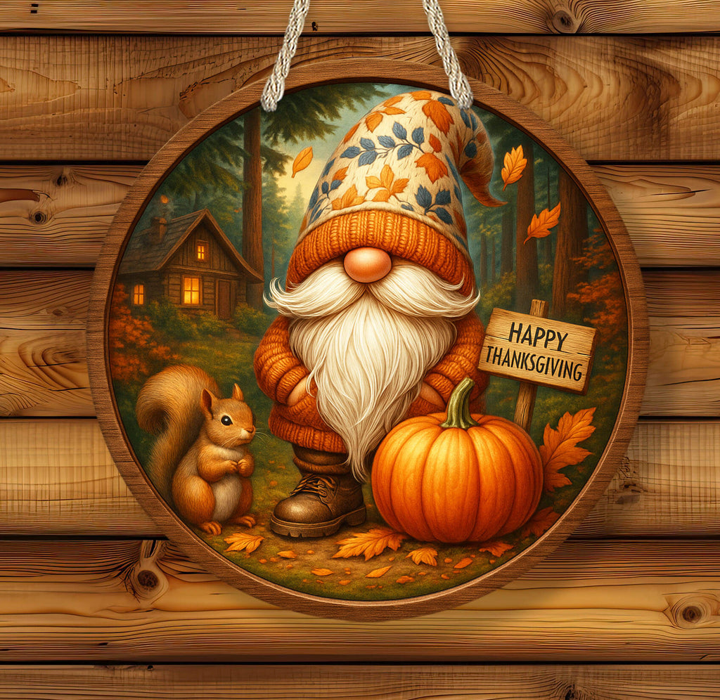 Decorative sign with a gnome, pumpkin, and squirrel on a wooden background