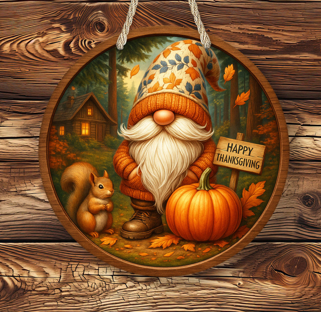 Decorative sign with a gnome, pumpkin, and squirrel on a wooden background