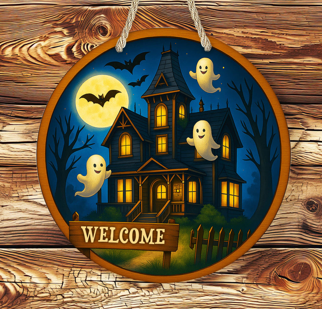 Decorative Halloween sign with a haunted house, ghosts, and bats on a wooden background.