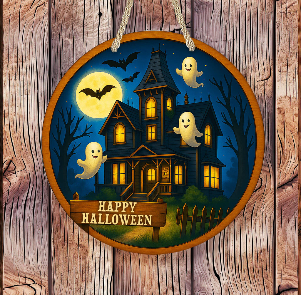 Halloween-themed decorative sign with a haunted house, ghosts, and bats on a wooden background.