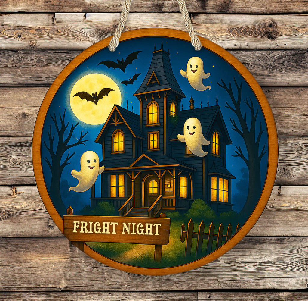 Halloween-themed decorative sign with a haunted house, ghosts, and bats on a wooden background.