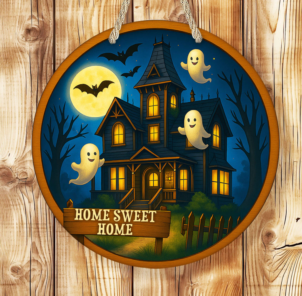 Decorative Halloween sign with a haunted house and ghosts on a wooden background