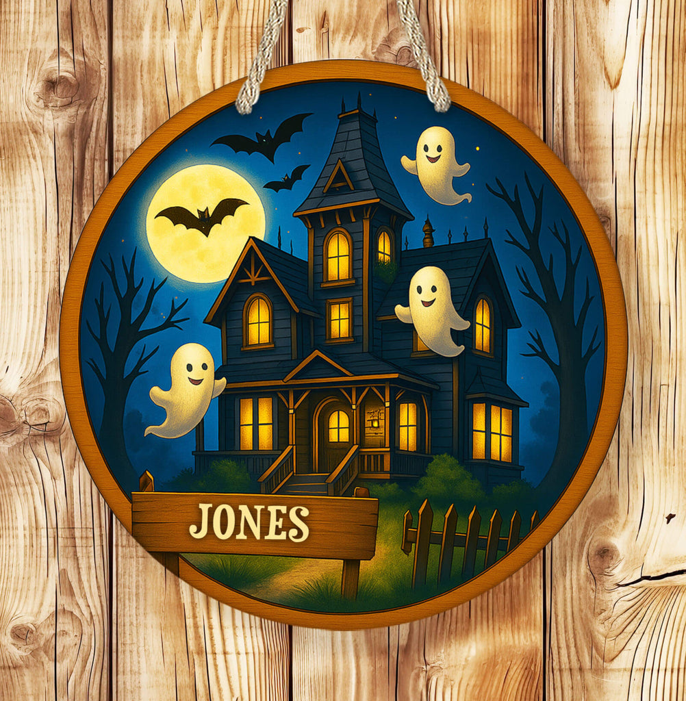 Decorative Halloween sign with a haunted house, ghosts, and bats on a wooden background.