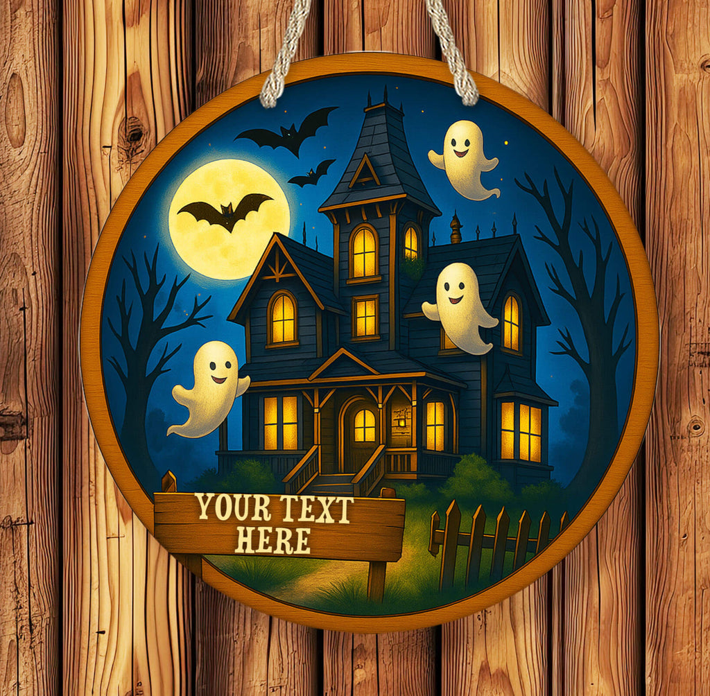 Halloween-themed decorative sign with a haunted house, ghosts, and bats on a wooden background.
