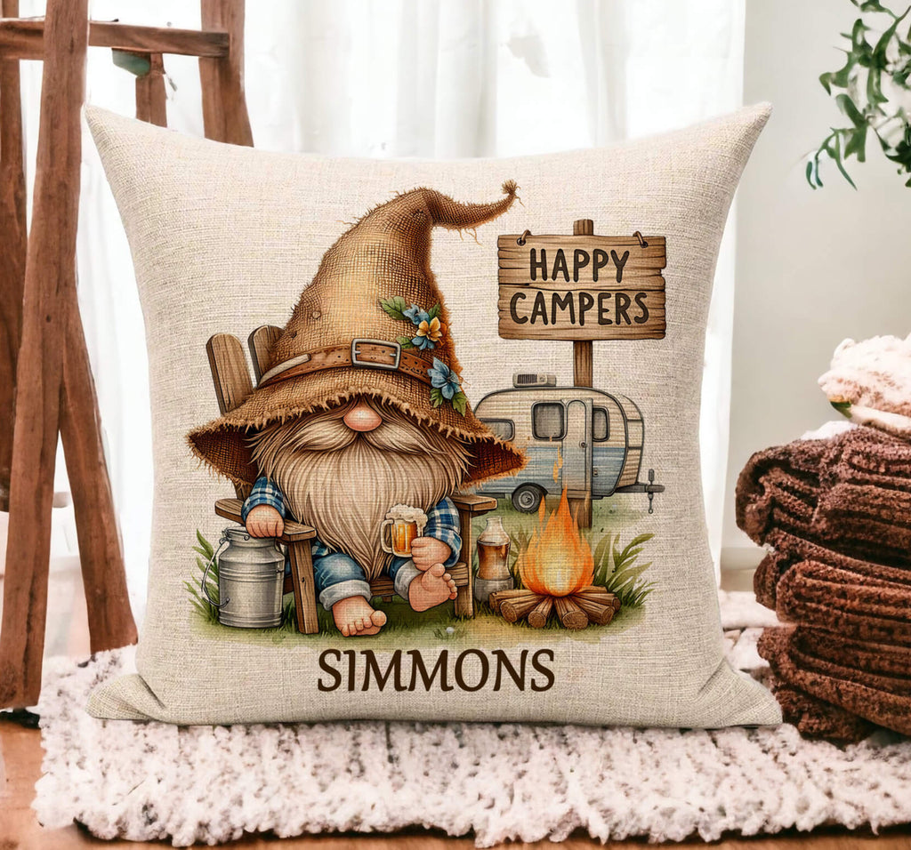 Personalized rustic camper gnome pillow with happy campers design, featuring a cozy campfire scene, vintage camper, and a cute bearded gnome holding a beer. perfect for rv, cabin, or camping decor. available in linen or canvas with hidden zipper closure - Personalized Kreation