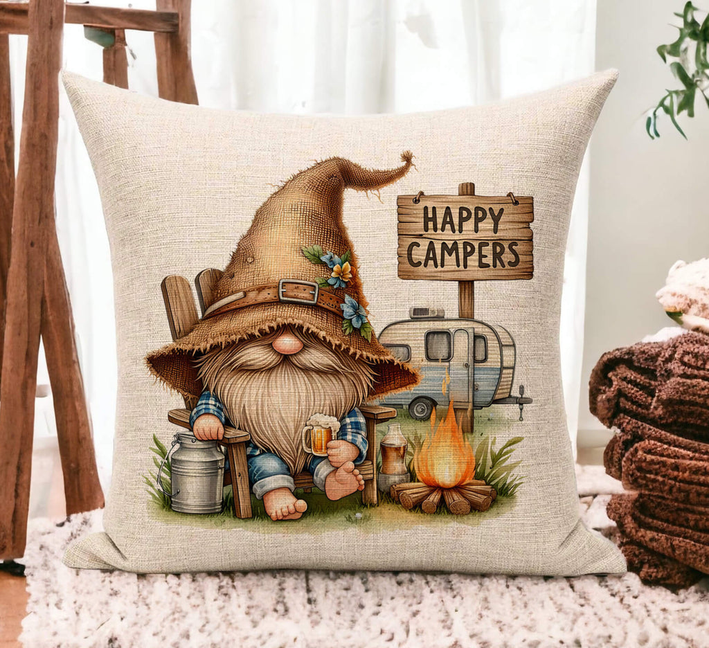 Personalized rustic camper gnome pillow with happy campers design, featuring a cozy campfire scene, vintage camper, and a cute bearded gnome holding a beer. perfect for rv, cabin, or camping decor. available in linen or canvas with hidden zipper closure - Personalized Kreation