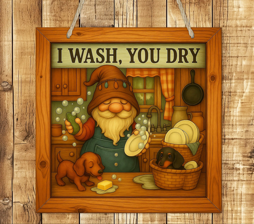 Square farmhouse-style sign with a gnome washing dishes at a sink and two dachshunds by his side, with bold rustic text that reads ‘I Wash, You Dry.’” - Personalized Kreatio