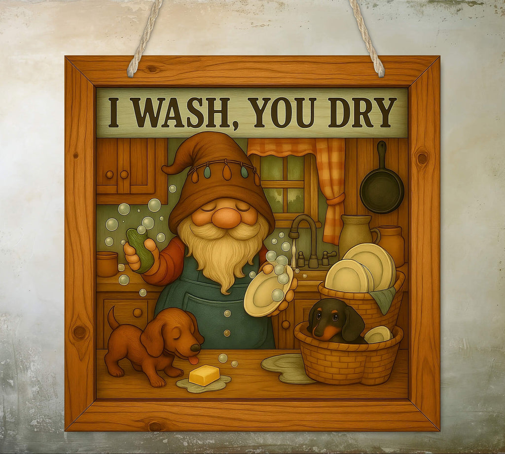 Square farmhouse-style sign with a gnome washing dishes at a sink and two dachshunds by his side, with bold rustic text that reads ‘I Wash, You Dry.’” - Personalized Kreation