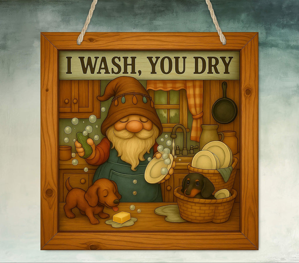 Square farmhouse-style sign with a gnome washing dishes at a sink and two dachshunds by his side, with bold rustic text that reads ‘I Wash, You Dry.’” - Personalized Kreation