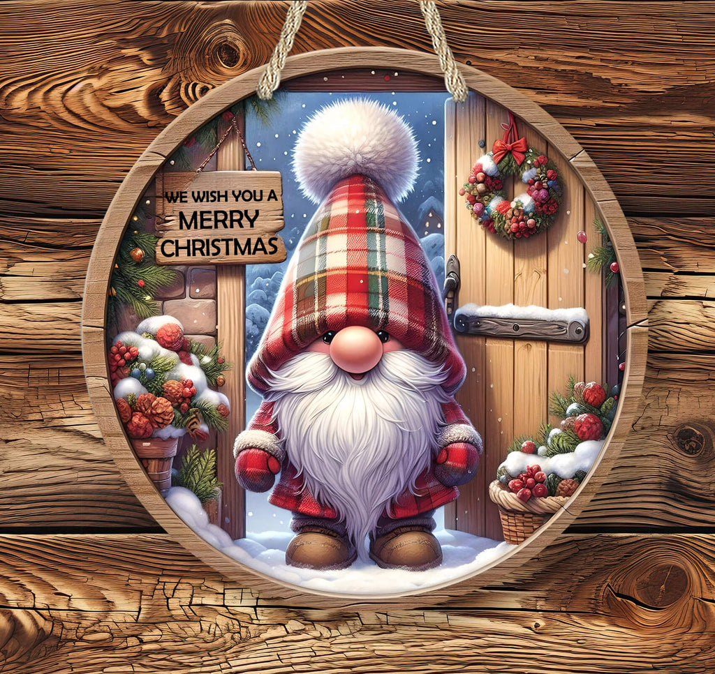 Gnome in a plaid hat with a 'Merry Christmas' sign on a wooden door.