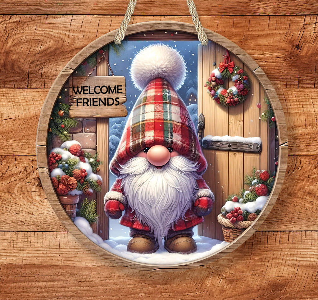 Decorative door hanger with a gnome, wreath, and 'Welcome Friends' sign on a wooden background.