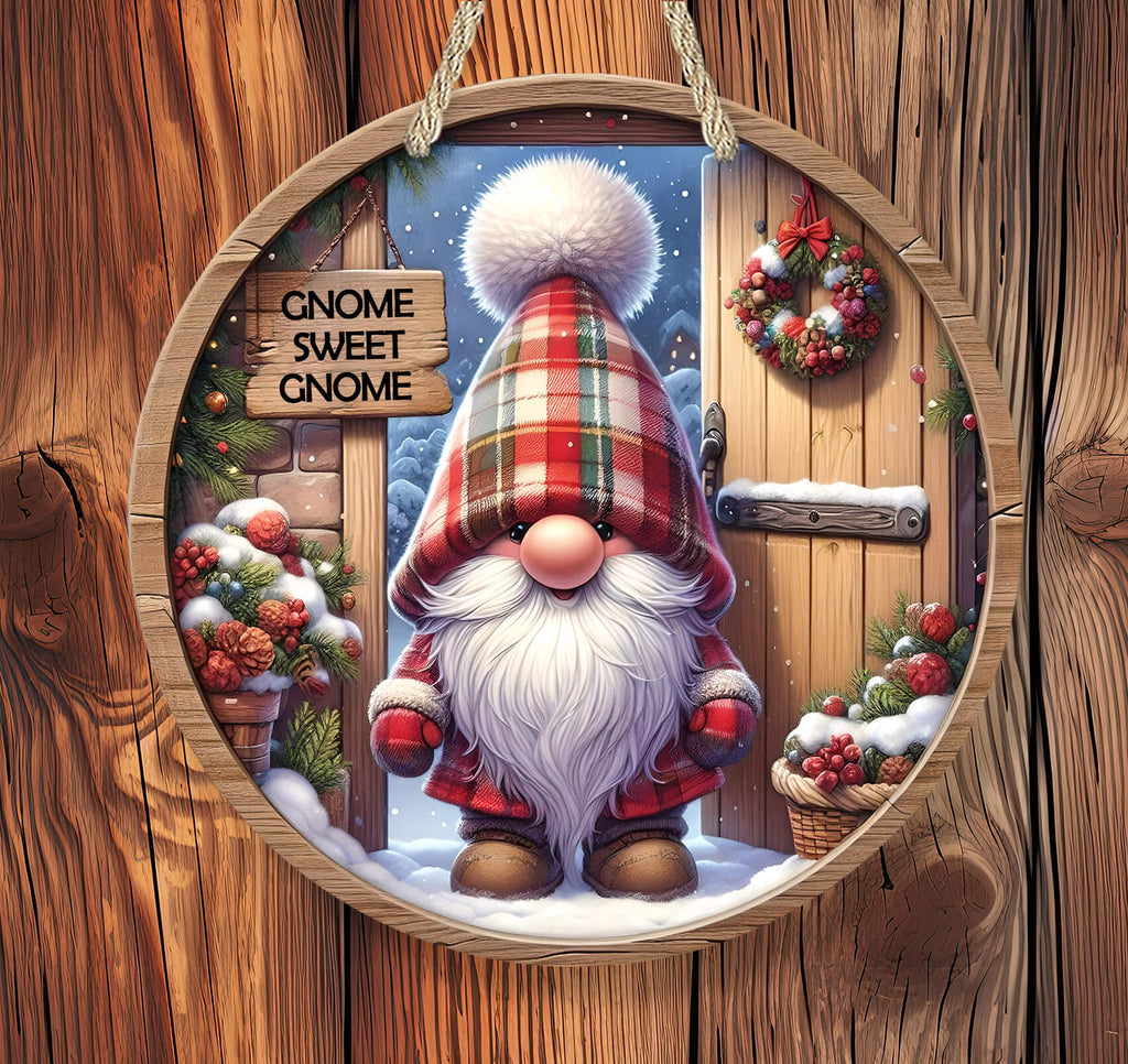 Decorative gnome ornament with plaid hat and 'Gnome Sweet Gnome' sign on a wooden background