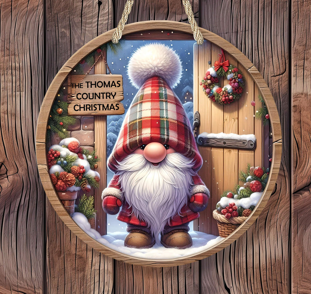 Decorative Christmas sign with a gnome, wreath, and 'The Thomas Country Christmas' text on a wooden background.