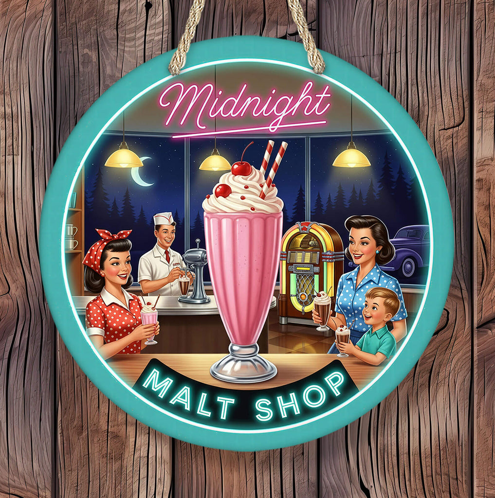 Round sign with a retro malt shop scene featuring a large pink shake, people, and neon text on a wooden background.