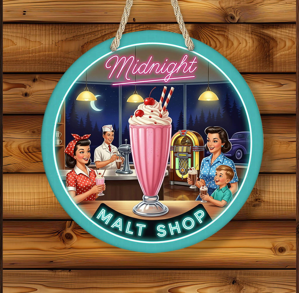 Neon sign of a malt shop with vintage-style illustration on a wooden background