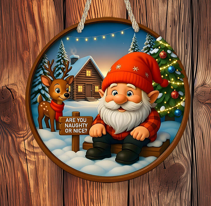 Decorative Christmas scene with a gnome, reindeer, and Christmas tree on a wooden background.