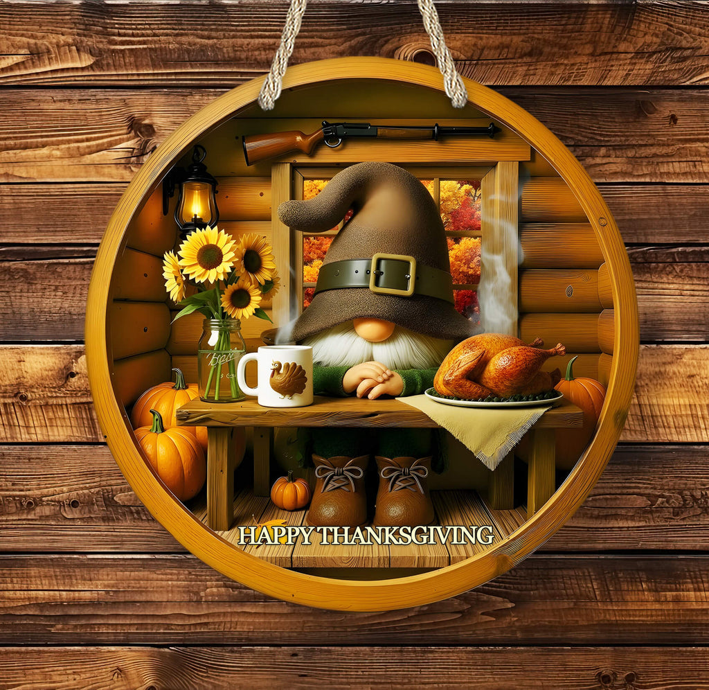 Decorative sign with a gnome, turkey, and pumpkins on a wooden background with 'Happy Thanksgiving' text.