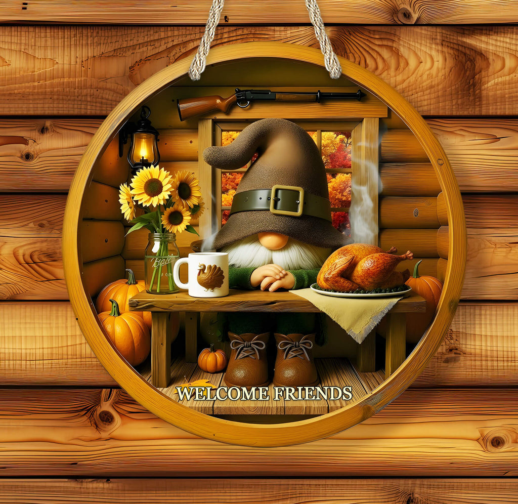 Decorative sign with a gnome, turkey, and pumpkins on a wooden background