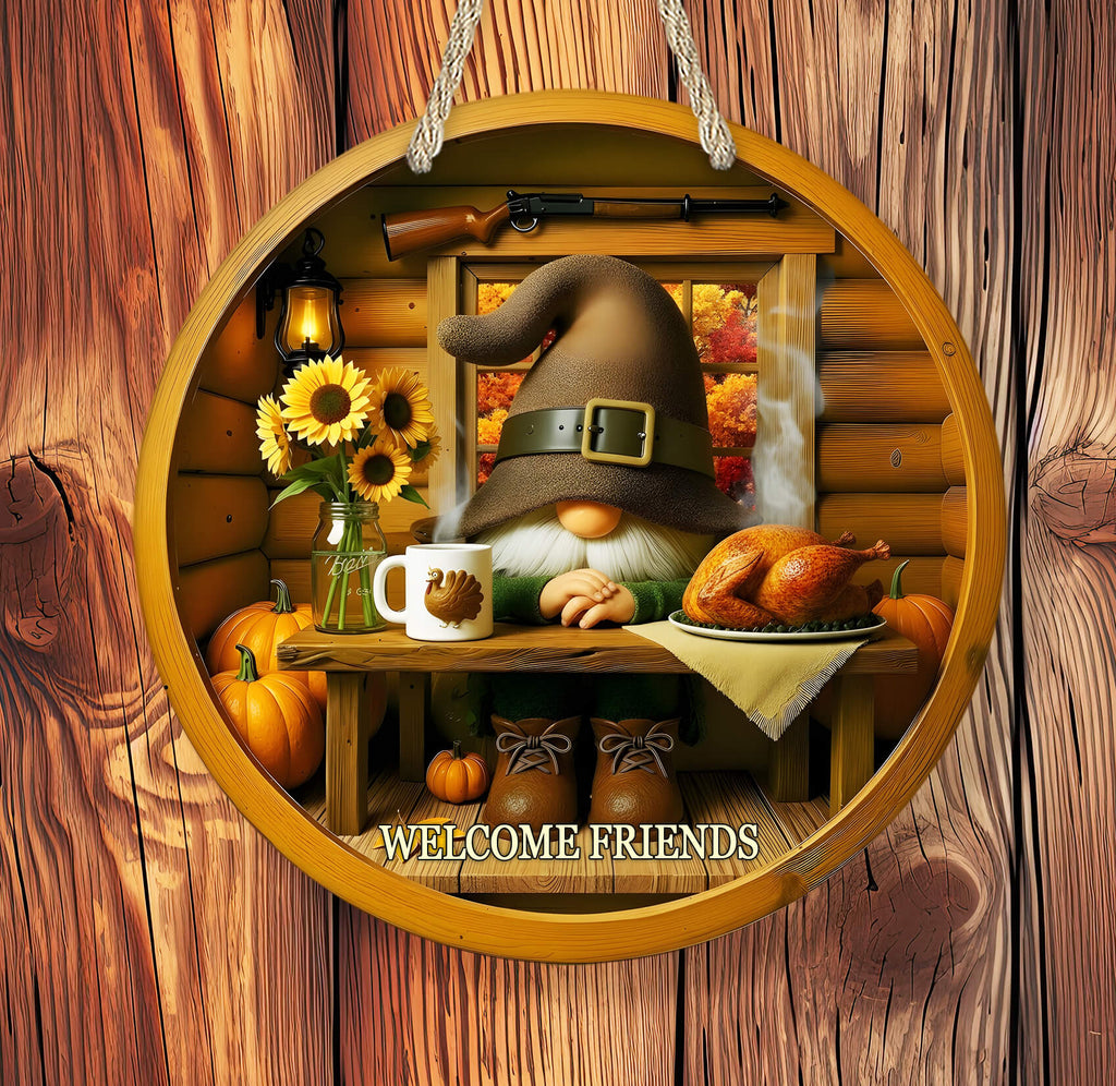 Decorative sign with a gnome, pumpkins, and a turkey on a wooden background