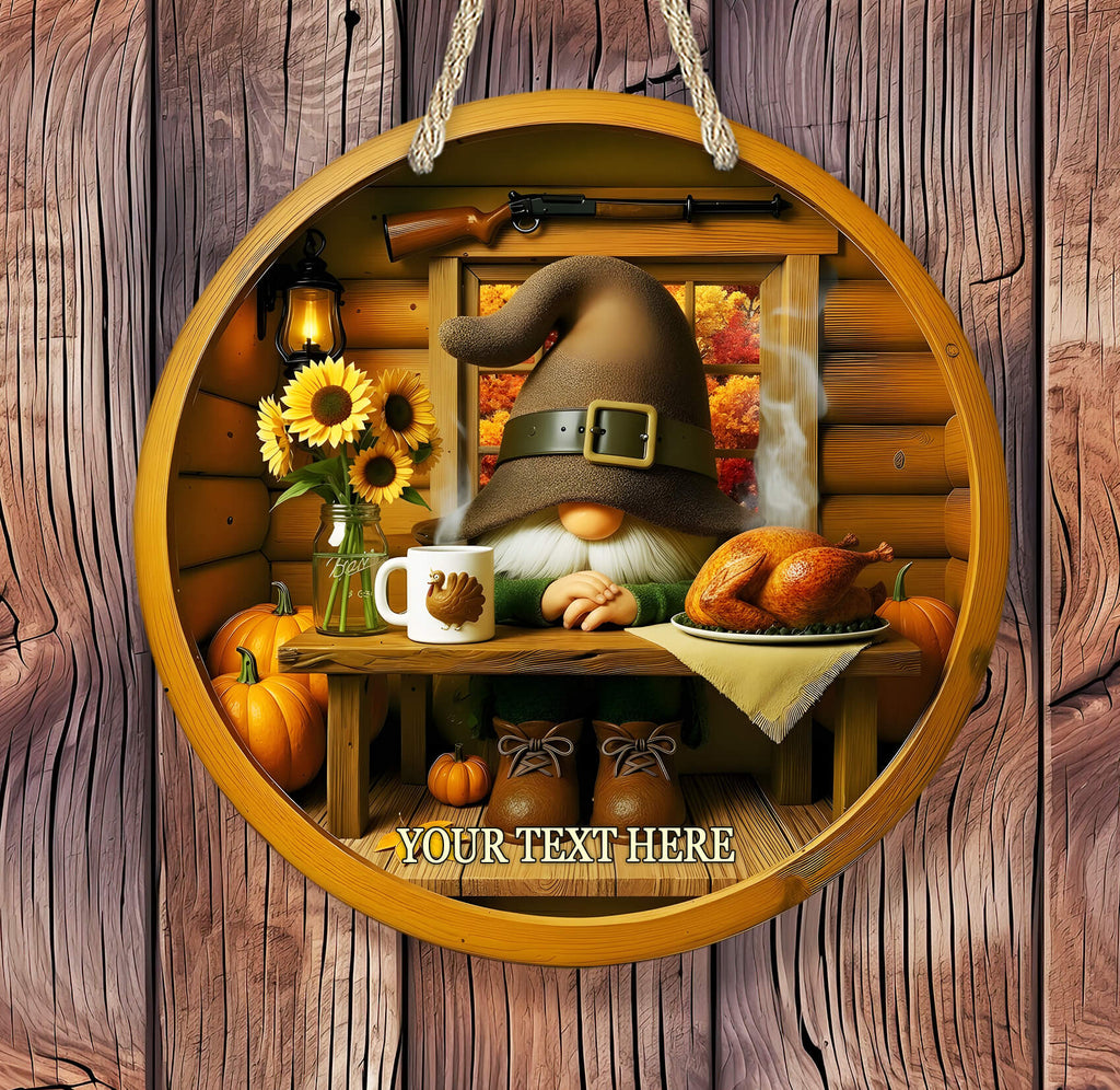 Decorative wall hanging with a gnome, pumpkin, and turkey on a wooden background