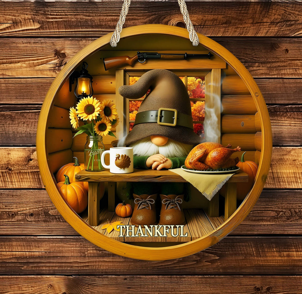Decorative sign with a gnome, turkey, and pumpkins on a wooden background