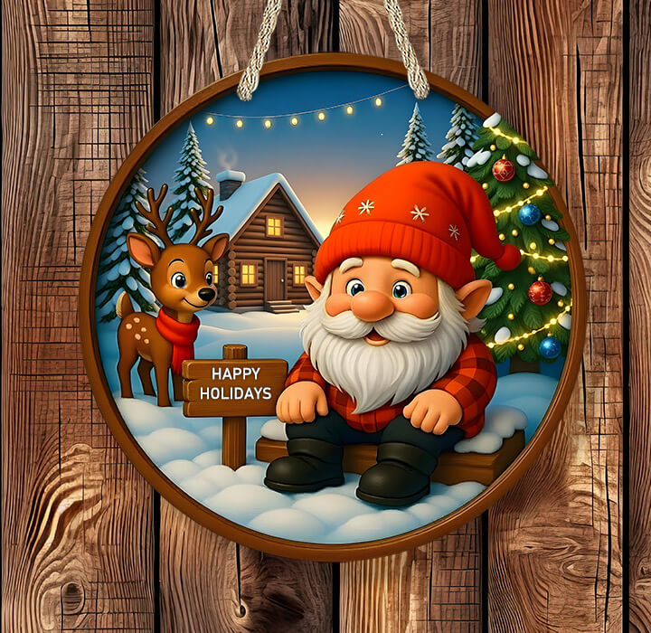 Decorative Christmas scene with a gnome, deer, and 'Happy Holidays' sign on a wooden background.