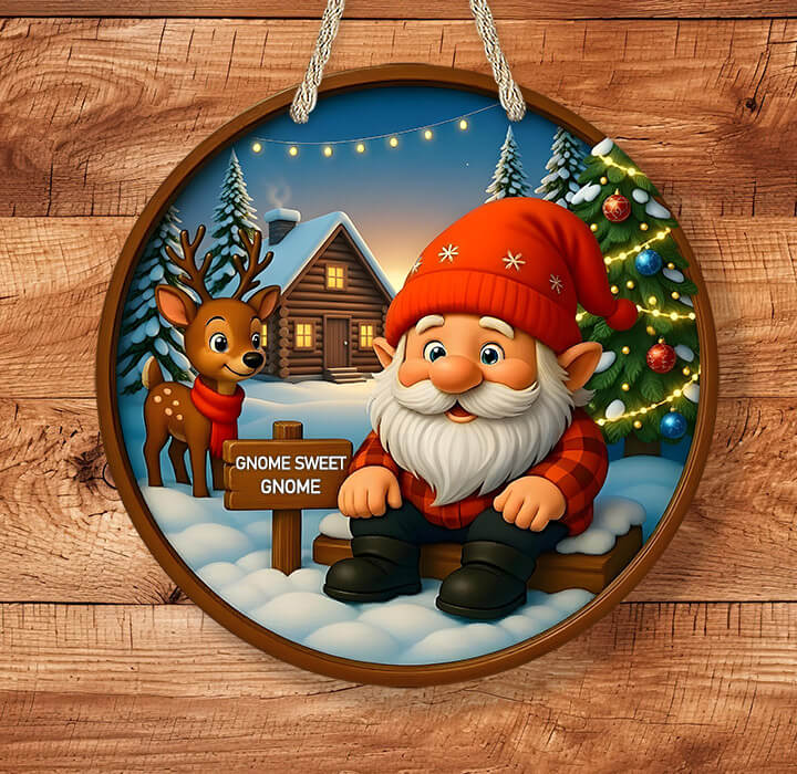 Decorative sign with a gnome, deer, and Christmas tree on a wooden background