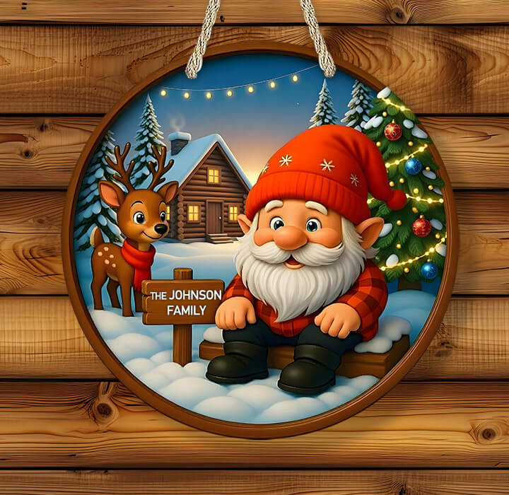 Decorative plaque with a gnome, deer, and Christmas tree on a wooden background