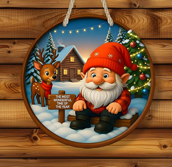 Decorative circular sign with a gnome, reindeer, and Christmas tree on a wooden background.