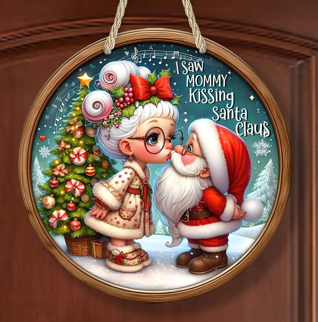 Decorative plaque with cartoon characters kissing, Christmas tree, and text on a wooden background