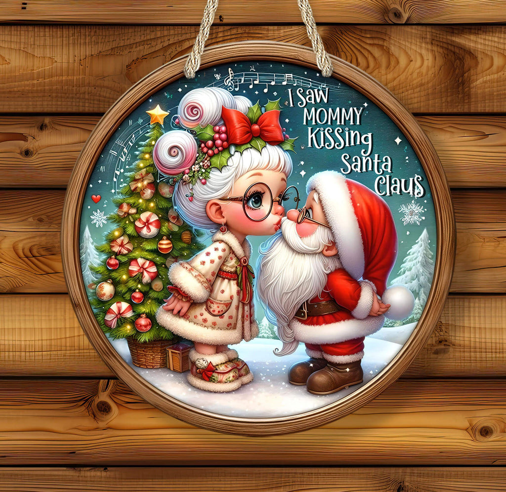Decorative round sign with Santa Claus and a woman kissing, surrounded by Christmas elements on a wooden background.