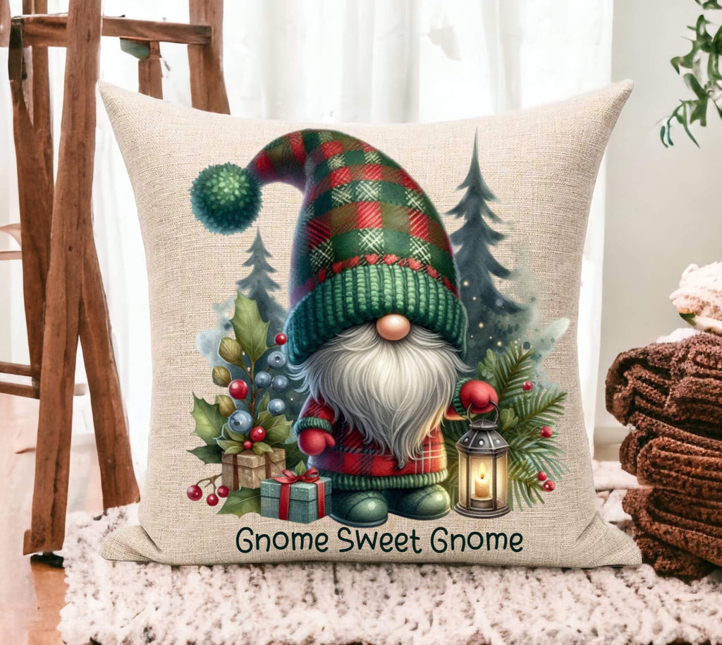 Decorative pillow with a gnome design on a wooden floor.