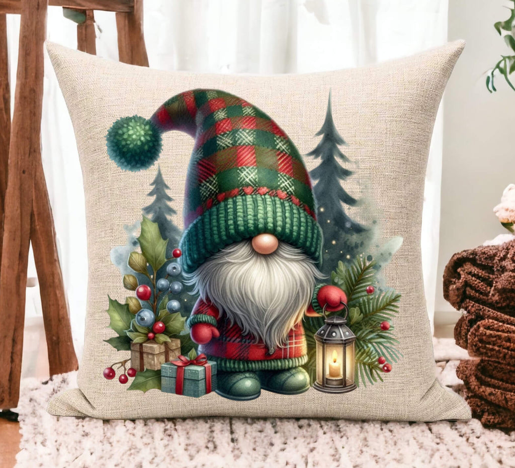 Decorative pillow with a Christmas gnome design on a wooden floor.