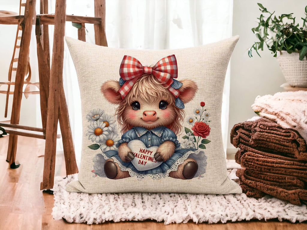 Personalized Highland Cow pillow featuring a cute cow with a polka dot bow, floral accents, and a heart that says ‘Love Grows Here.’ Custom farmhouse decor, perfect gift for her, cow lovers, and cottagecore homes. 18x18 white canvas or natural beige with hidden zipper. Machine washable - Personalized Kreation